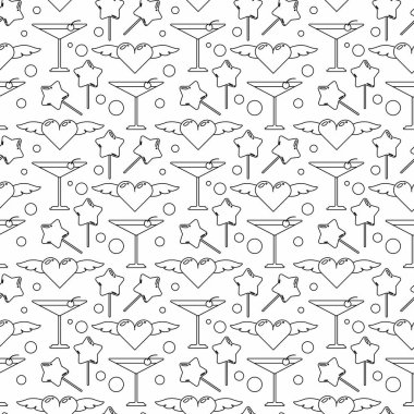 Doğum günü unsurları ile özetlenmemiş şekiller: hediyeler, balonlar, pastalar. Beyaz üzerine temiz çizgi sanatı, çocuklar için harika parti tasarımları ve tatil ambalajları