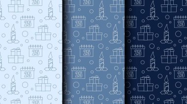 Noel simgeleriyle birlikte bir sürü kusursuz vektör deseni. Üç renk paleti paketleme, davetiyeler ve mevsimlik projeler için mükemmel.