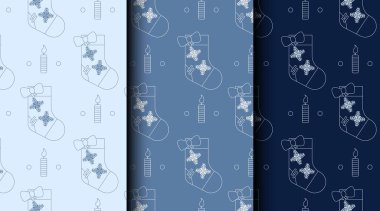 Noel simgeleriyle birlikte bir sürü kusursuz vektör deseni. Üç renk paleti paketleme, davetiyeler ve mevsimlik projeler için mükemmel.