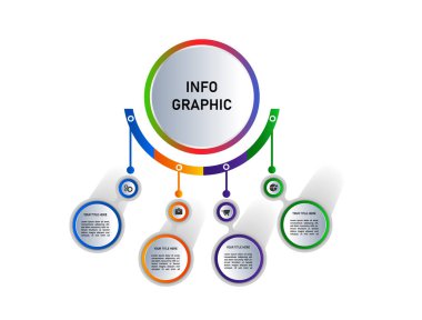 Modern renkli bilgi şablonu tasarımı. İşlem şeması, sunumlar, iş akışı düzeni, akış şeması, bilgi grafiği için kullanılabilir. Vektör illüstrasyonu