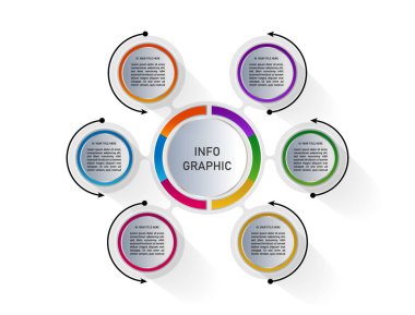 Modern renkli bilgi şablonu tasarımı. İşlem şeması, sunumlar, iş akışı düzeni, akış şeması, bilgi grafiği için kullanılabilir. Vektör illüstrasyonu