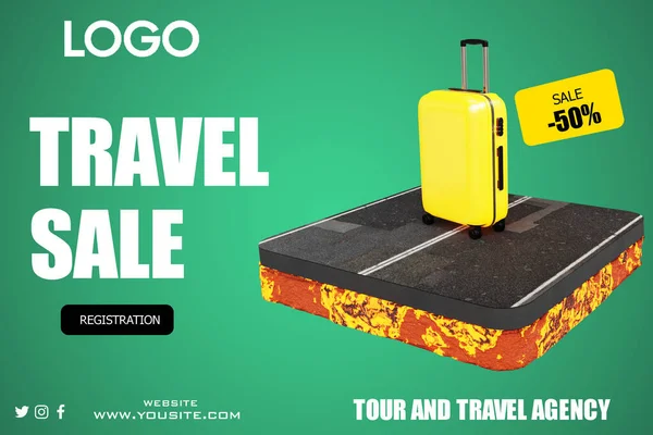 Sarı arka planda bavul ve satış metniyle seyahat konsepti. 3d illüstrasyon