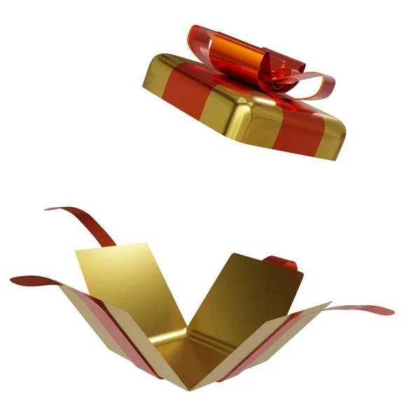 Öppen Presentförpackning Med Röd Rosett Och Guldband — Stockfoto