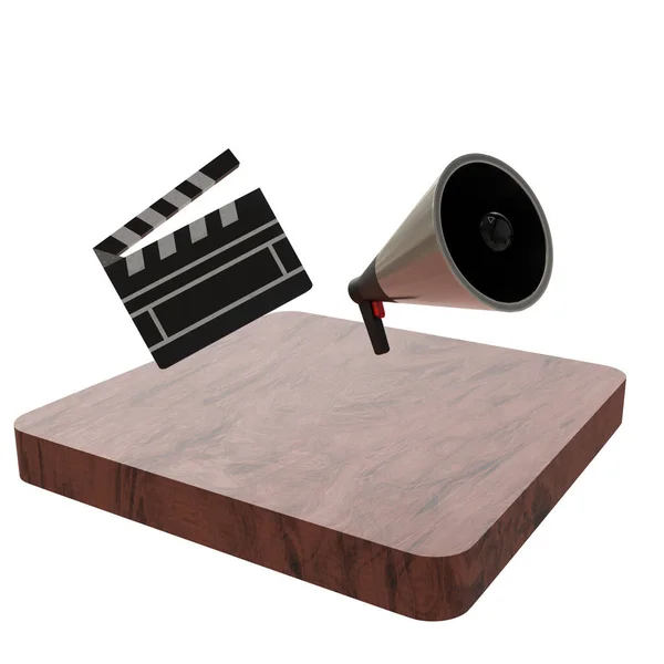 白い背景に隔離された映画カメラ付きの木製のテーブル — ストック写真