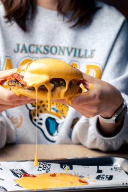 Hamburger, peynir, Amerikan tarzı, yiyecek pornosu.