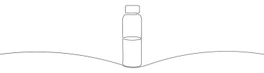 Tek sıra halinde beyaz arka plana plastik şişe çiziyor. Plastik sorun ve arıza ya da imha. Bir çizgi çizimi tasarım vektörü illüstrasyonu.