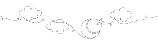 白い背景に雲と星が描かれた一本の線画 連続線画ベクトルイラスト — ストックベクタ