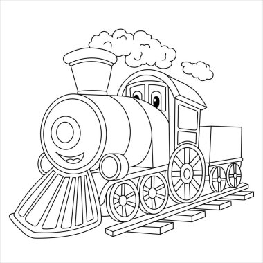 Komik Buhar Treni Çizgi Filmi. Beyaz arka planda izole edilmiş eski bir lokomotif. Çocuklar için İllüstrasyon. Çocuklar ve Yetişkinler için Boyama Kitabı