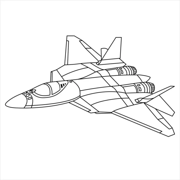 スホーイSu 57ジェット戦闘機 ロシアのステルス航空機概要デザイン 航空機の着色ページ 白い背景に隔離された漫画飛行機 — ストックベクタ
