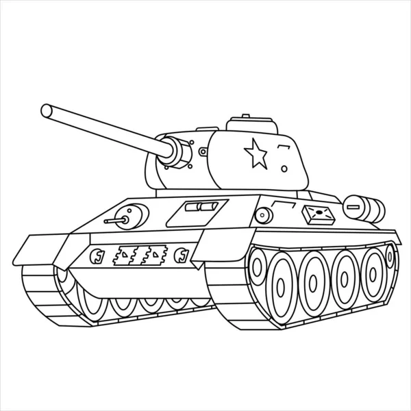 苏联T 34坦克儿童和成年人的军车着色书 俄罗斯第二次世界大战的坦克在白色背景下被隔离 坦克绘图线艺术矢量图解 — 图库矢量图片