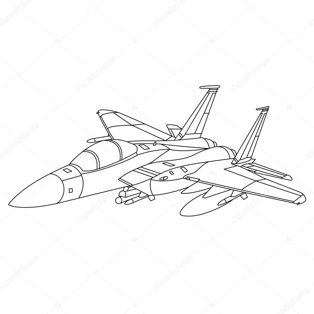 Military Aircraft F-15 Eagle Outline Illustration. McDonnell Douglas F-15 Eagle Coloring Book For Children And Adults. Cartoon Airplane Isolated on White Background. Fighter Jet Drawing Line Art Vector Illustration