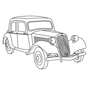 Citroen B11 Spor 4-Kapılı Berline 1947 Taslak Vektör İllüstrasyonu. Yetişkin Eski Araba Boyama Sayfası. Beyaz Arkaplanda karikatür aracı izole edildi. Klasik araba konsepti. Otomobil Siyah Katılım Çizimi