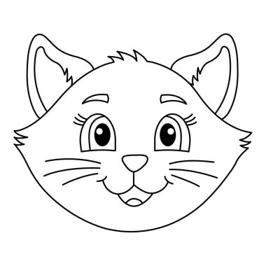 Gülümseyen Kedi Tasarımı Beyaz Arkaplanda. Kitty Face Çizgi Film Vektör İllüstrasyonu. Kedi boyama sayfası. Kedi Başı Contour Silueti. Tişört Grafikleri, Moda İzleri için Tasarım