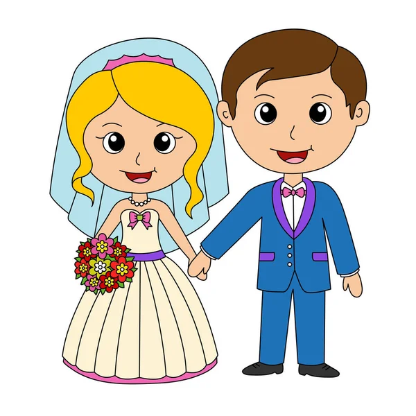 stock vector Cartoon Wedding Couple Coloring Page. Bride And Groom Illustration. Cute Marriage Scene. Just Married Illustration. Wedding Ceremony Act. Groom Wearing A Tuxedo And Bride With A Wedding Dress Carrying A Bouquet Of Flowers. Cute Married Couple.