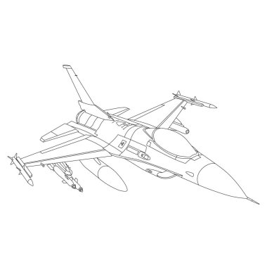 F-16 Savaşan Şahin Ana Hattı Çizimi. Çocuklar ve Yetişkinler için Savaş Jeti F-16 Boyama Kitabı. Askeri Uçak Vektörü. Beyaz Arkaplan 'da karikatür uçağı izole edildi. Çizim Çizgisi Sanat Vektörü İllüstrasyonu
