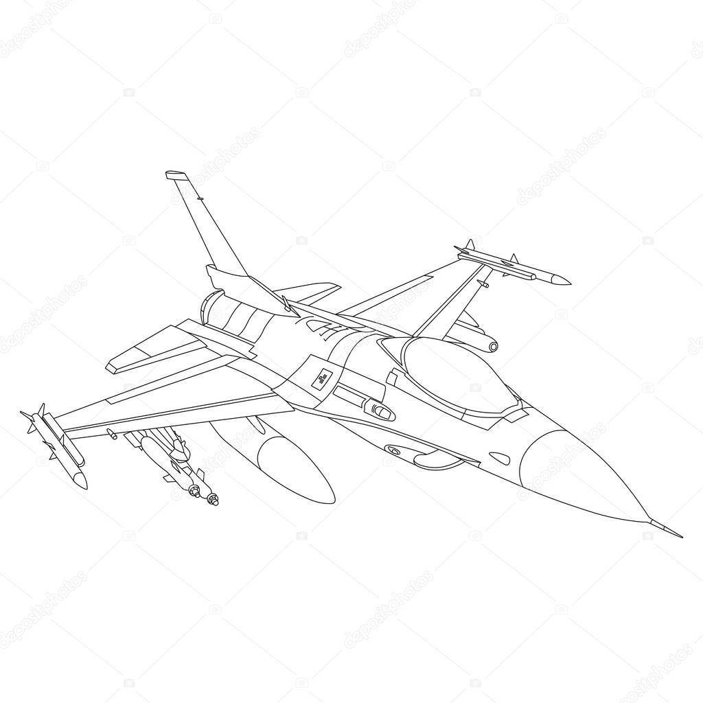 F-16 Fighting Falcon Outline Illustration. Fighter Jet F16 Coloring Book For Children And Adults. Military Aircraft Vector. Cartoon Airplane Isolated on White Background. Plane Drawing Line Art Vector Illustration
