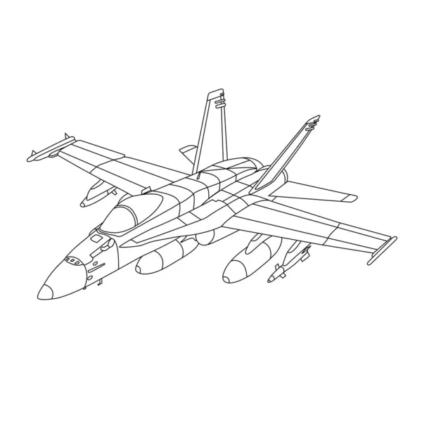 18子供と大人のための航空機のぬりえ本 18ホーネット軍用機 ファイタージェットF18概要イラスト 戦争平面ドローイングラインアートベクトルイラスト — ストックベクタ