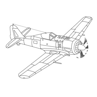 Focke-Wulf 190 Wurger Aircraft War World Fighter renklendirme sayfası. Klasik savaş uçağı. Askeri Uçak Vektör İllüstrasyonu. Alman Savaş Uçağı 1941