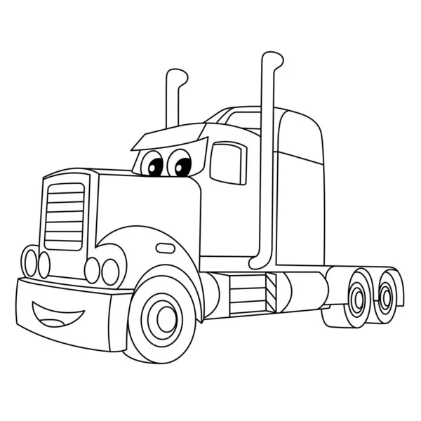 Sorriso Desenhos Animados Caminhão Colorir Página Big Truck Trailer Vector — Vetor de Stock