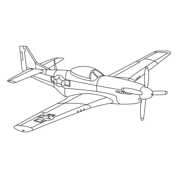 Mustang Aircraft War World Fighter Coloring Page Vintage War Plane — Stock Vector