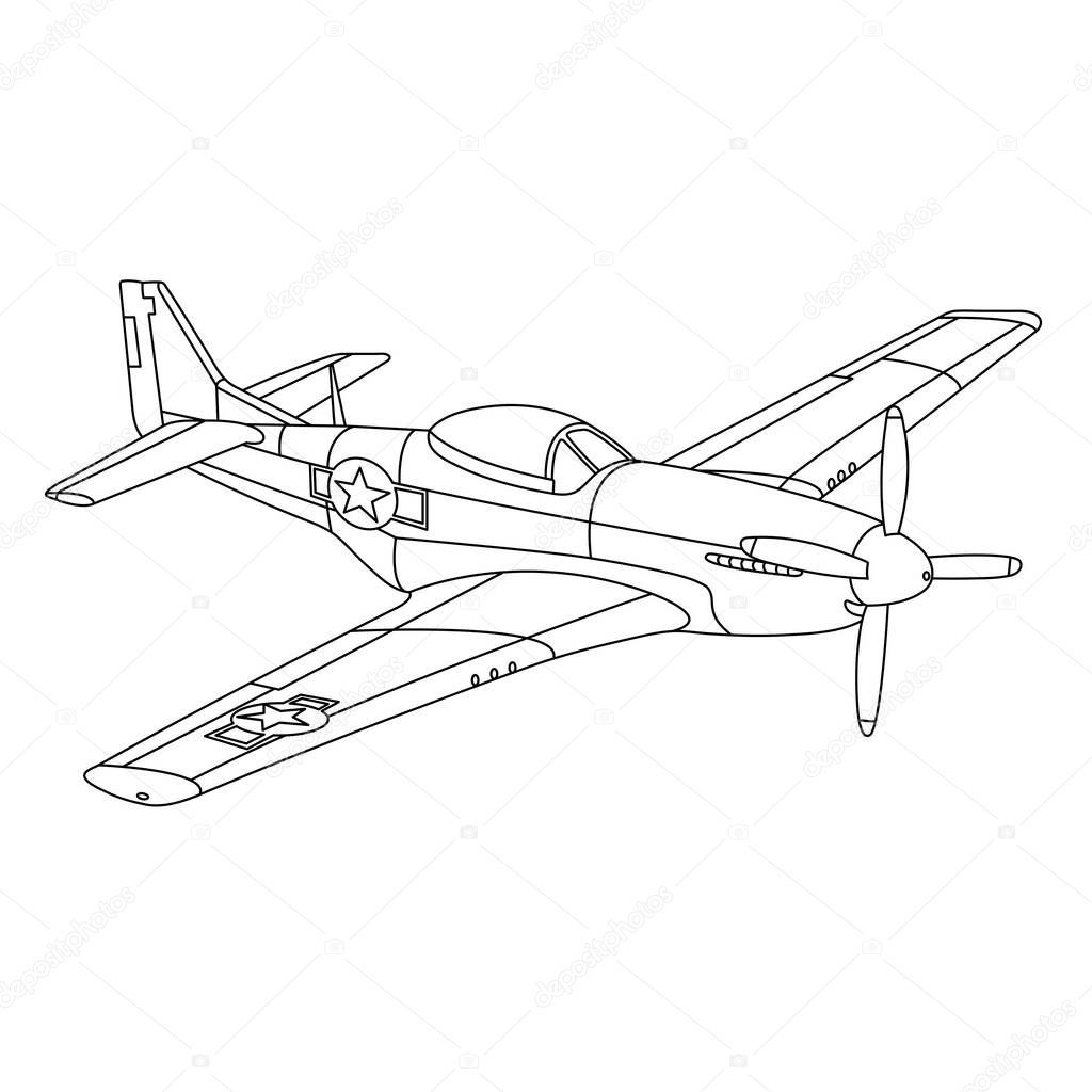 P-51 Mustang Aircraft War World II Fighter Coloring Page. Vintage War Plane. Cartoon Airplane. Military Fighter-Bomber Vector Illustration