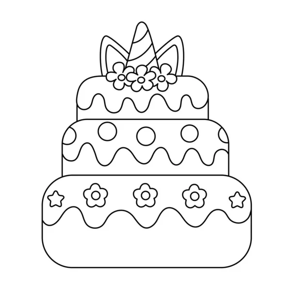 Coloriage Gâteau Licorne Coloriage Cartoon Gâteau Anniversaire Avec Des Bougies — Image vectorielle