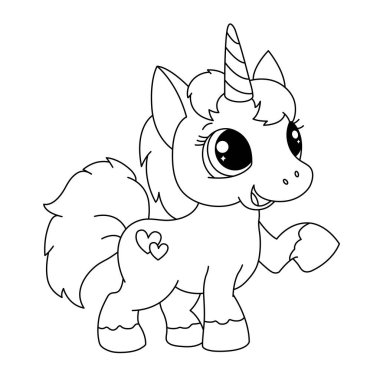 Mutlu Tekboynuz Renk Sayfası. Güzel Çizgi Roman Tek Boynuzlu At ve Kalp. Sihirli Midilli Vektör İllüstrasyonu 