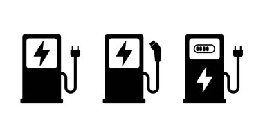 Elektrikli Araç Şarj Simgesi. Elektrikli araçlar için şarj istasyonu. Melez Arabalar İçin Elektrik Yakıt Pompası. Elektriksel Güç Otomatik Piktogramı için şarj aleti. Yeşil Enerji Otomobili için Şimşek Simgesi olan şarj istasyonu. İzole Vektör