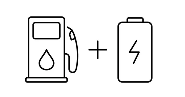 Hibrit Araba Simgesi. Eklenti Melez Elektrikli Araç Hattı. PHEV Araba Simgesi. Elektrik enerjisi ve yakıt motoru. Benzin istasyonu ve elektrikli araba şarj tabelası. Vektör İllüstrasyonu