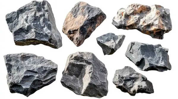 Beyaz arkaplanda kayaların ve kayalıkların üst görüntüsü.