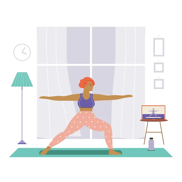 Young Red Haired Woman Practicing Yoga Home Living Room Watching — Stock Vector
