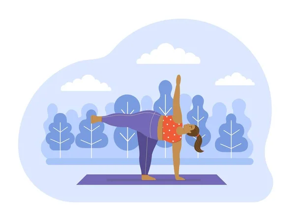 Young Body Positive Female Practicing Hatha Yoga Open Air City — Stock Vector