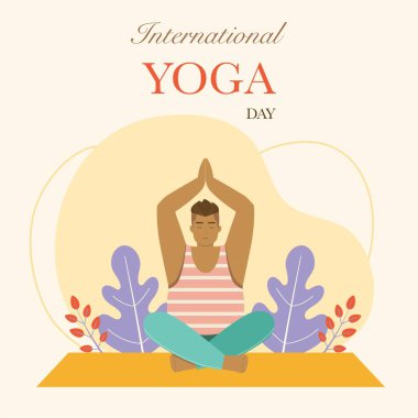 Asana Uluslararası Yoga Günü kartı hazırlayan cinsiyetçi. Lotus 'ta oturan erkek ya da kadın namaste ellerle poz veriyor. Yoga vücut meditasyonu duruşu. Poster tasarımı için sağlıklı yaşam tarzı kavramı.