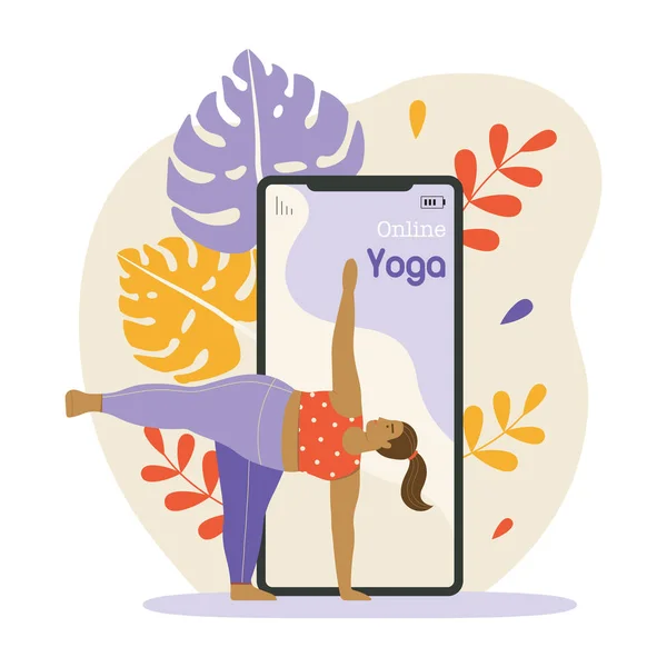 Online Yoga Classes Smartphone Interface Body Positive Woman Doing Yoga — Stock Vector