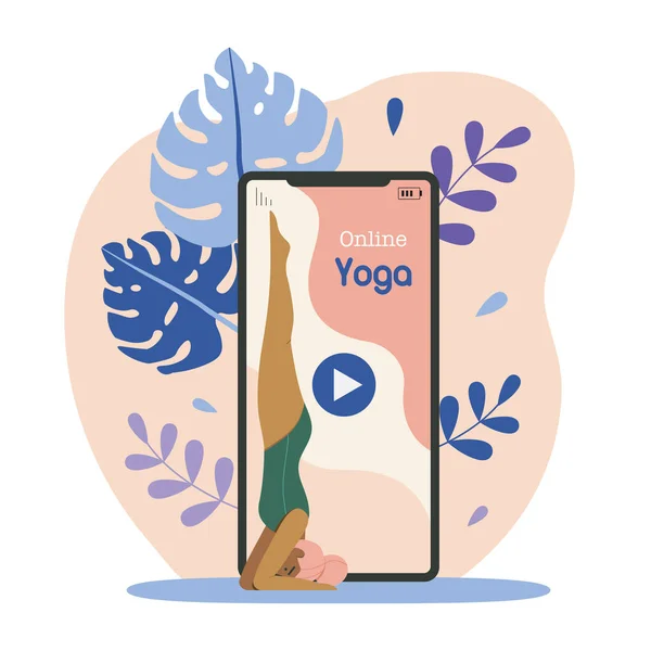 Online Yoga Classes Smartphone Interface Woman Doing Yoga Using Application — Stock Vector