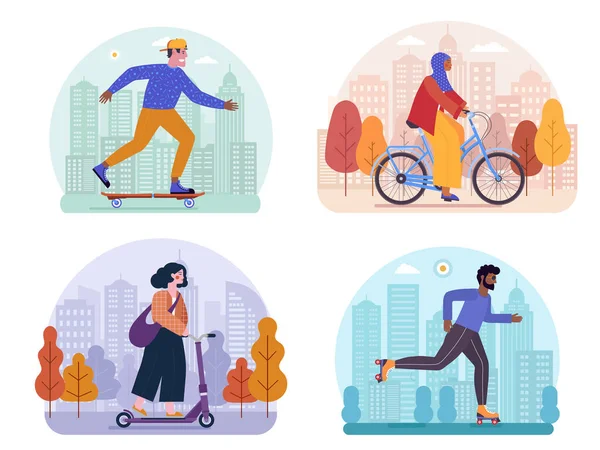 自転車 スケートボード ローラーブレードやダウンタウンのシーンで電動スクーターなどの代替都市交通機関を使用して現代人 環境に優しいホイールで設定都市の男と女 — ストックベクタ