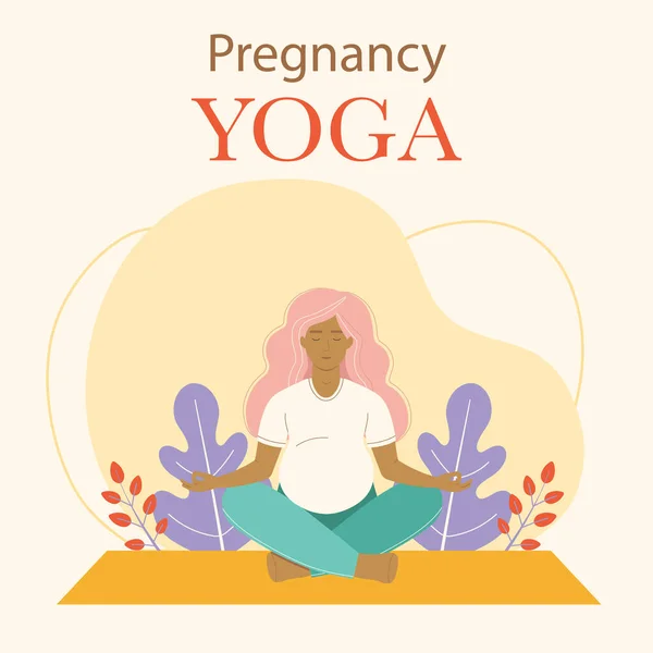 Folleto Tarjeta Yoga Prenatal Con Una Mujer Embarazada Sentada Pose — Archivo Imágenes Vectoriales