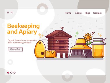 Apiary and beekeeping web banner with apiarist equipment and essentials. Such as beekeeper hat, honey jar, hive and bee house. Honey making landing page template in line art. clipart