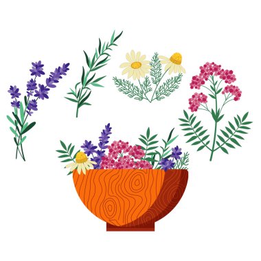 Homeopatik bitkiler, tıbbi bitkiler, çiçekler ve baharatlarla dolu ahşap kâse. Organik grip tedavileri ve doğal ilaçlar. Ateş ve baş ağrısı için bağışıklık formülünü yükselt.