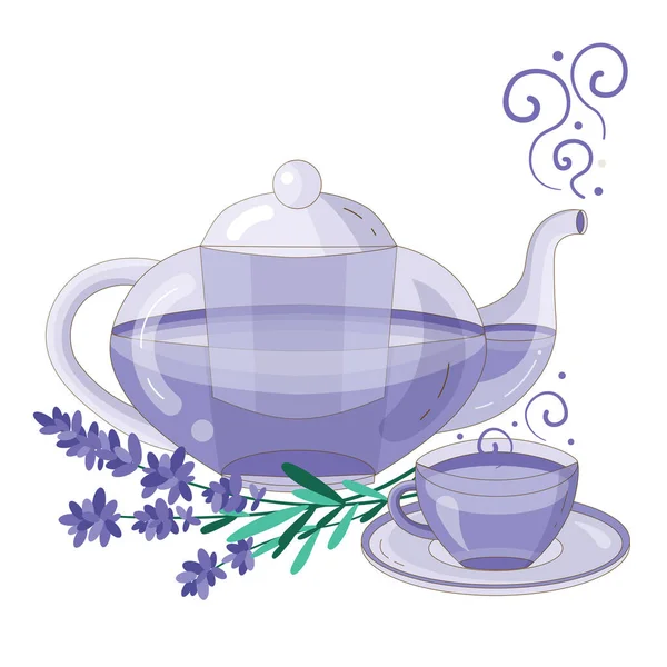 Çaydanlık Bir Fincan Detoks Çayı Lavanta Çiçekleri Sıcak Bitkisel Içecekle — Stok Vektör