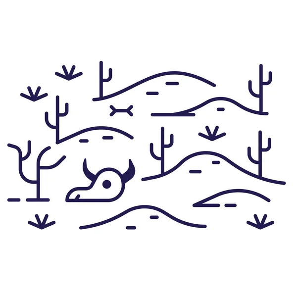 抽象沙漠图标在线条艺术与沙丘 骷髅和仙人掌 干旱或无水概念线性说明 — 图库矢量图片