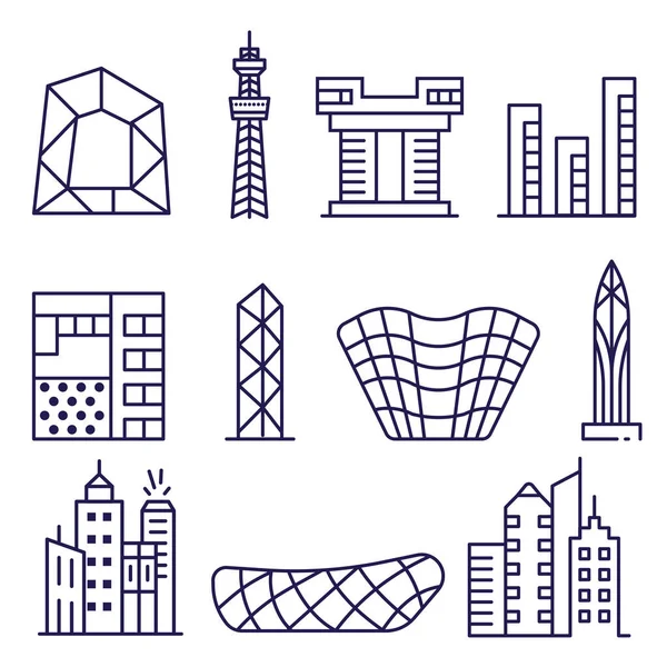 stock vector Multistory urban houses and modern buildings icons set. Futurist city constructions in minimalist line art.