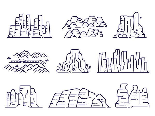 Different Mountain Ranges Rock Peaks Cliffs Icon Collection Line Art — Stock Vector