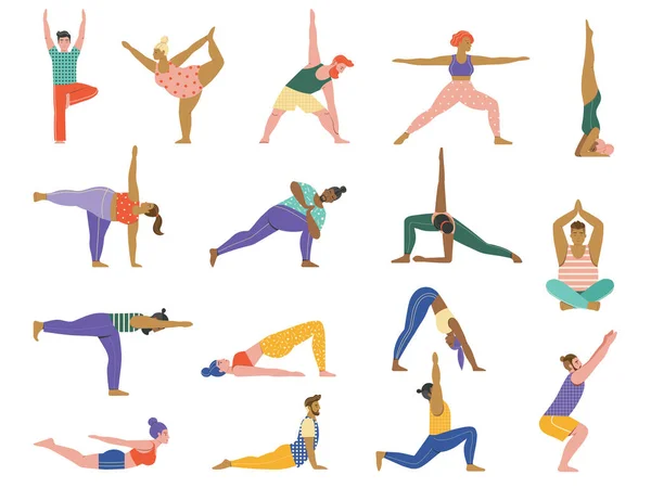 Diverse People Doing Common Yoga Poses Set Men Women Different —  Vetores de Stock