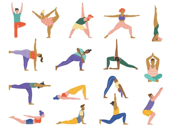 Diverse People Doing Common Yoga Poses Set Men Women Different - Stok Vektor