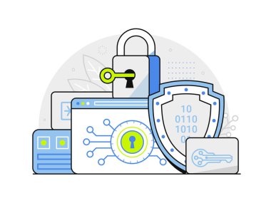 Password storage and data encryption services concept for website and mobile applications. Internet cyber security management illustration in line art design. Encrypt password generator scene.