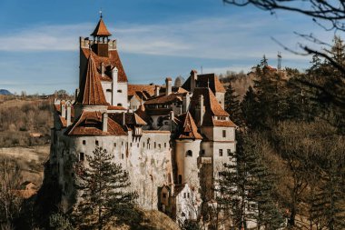 Bran Kalesi ya da Transilvanya Alpleri 'ndeki kayaların tepesindeki Kont Drakula Kalesi. Romanya 'daki ünlü ortaçağ kalesi, popüler seyahat merkezi ve turistik kent simgesi. Vampirlerin kalesi manzarası.