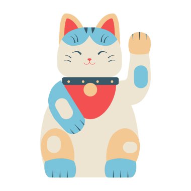 Traditional japanese maneki neko illustration. Japan souvenir fortune cat with raised paw.