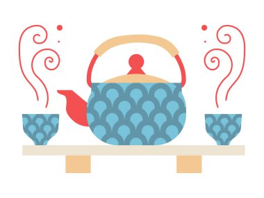 Traditional asian teapot kettle and cups on shelf. Japanese or chinese tea ceremony icon.
