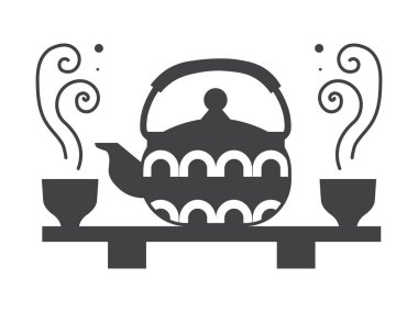 Traditional asian teapot kettle and cups on shelf. Japanese or chinese tea ceremony outline icon.